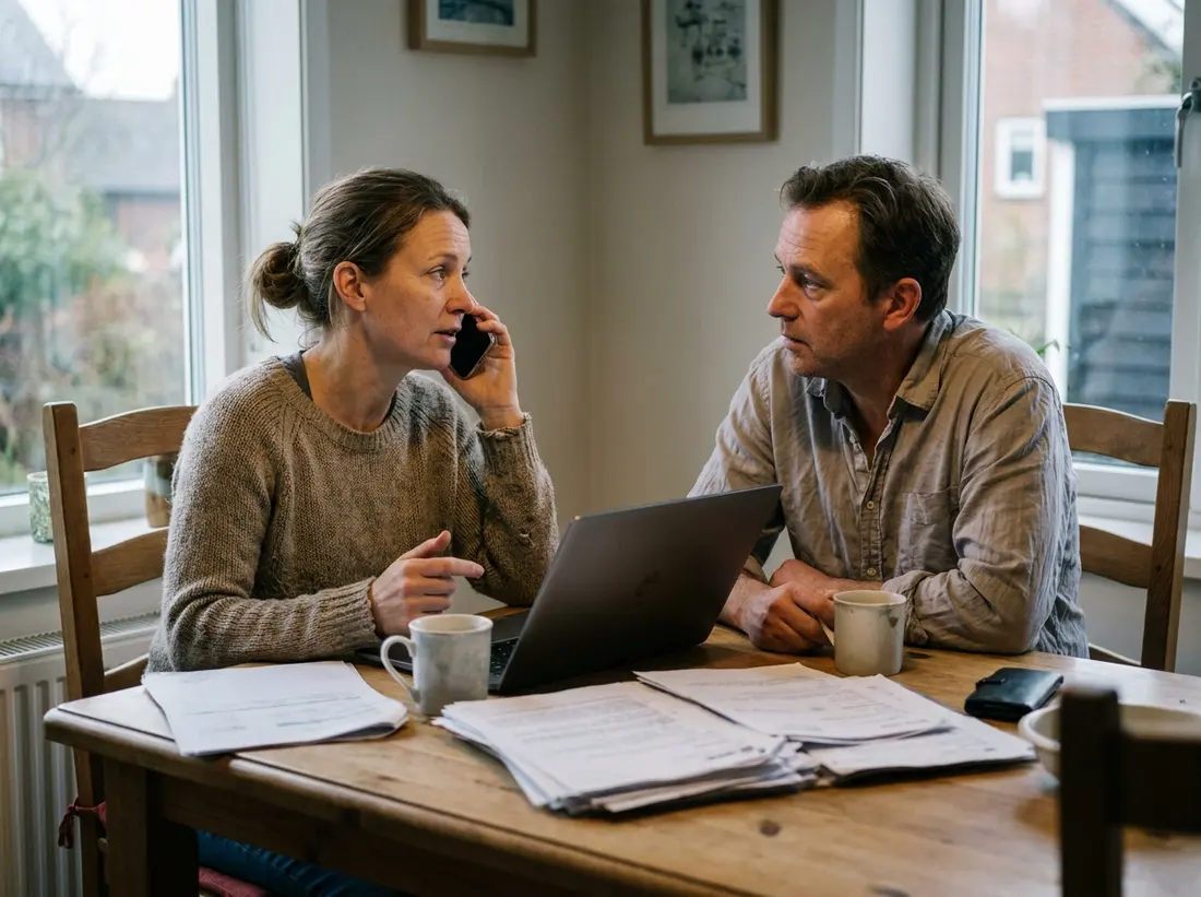 A couple at their kitchen table with paperwork and a laptop, one of them on the phone